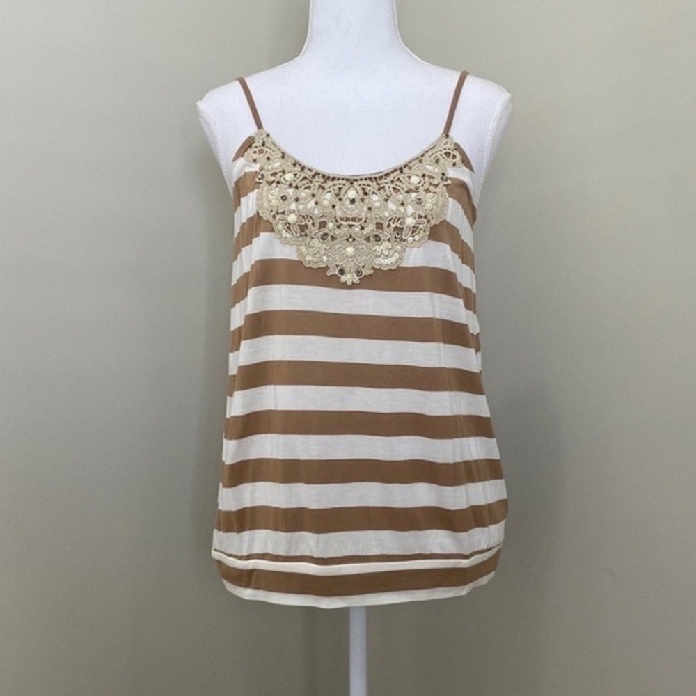 Express Beige & White Striped Lace-Trim Cami
